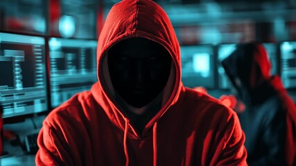 hacker in red and black hood with computer screen full of code