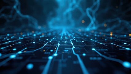 Wall Mural - An abstract digital art representation of a network with blue and white lights on black background, symbolizing advanced technology or data processing systems, such as CI/CD pipelines or DevOps