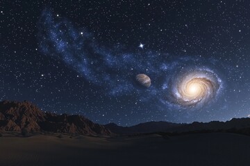 Wall Mural - a galaxy with a few planets, a dark desert landscape in the foreground, a spiral nebula behind them,