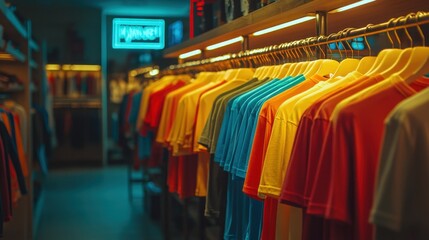Wall Mural - multicolored shirts displayed neatly on hangers in retail store