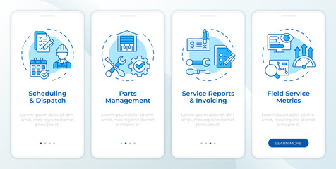 Wall Mural - key components of fsm blue onboarding mobile app screen. walkthrough 4 steps editable graphic instru