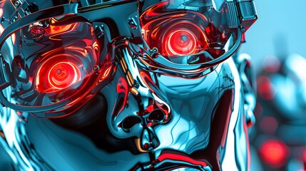 Close up of a futuristic cyborg face with red glowing eyes.