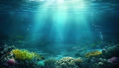 Sticker - Beneath the waves, vibrant coral reefs thrive, illuminated by sun rays piercing the tranquil ocean water.