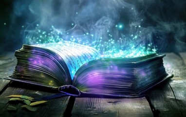 Wall Mural - an enchanted open book emits magical light and sparkles, creating a mystical atmosphere in a dark en
