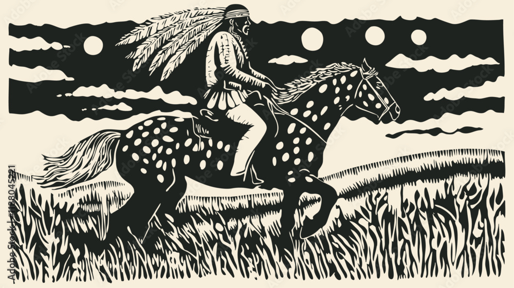 Native American riding a horse across the prairie, engraving style ...