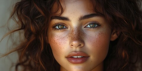 Wall Mural - Portrait of a young woman with curly hair and captivating green eyes showcasing natural beauty and freckles against a neutral background during a calm afternoon light