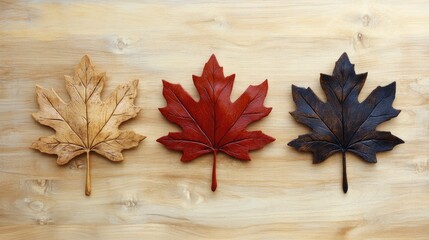 Poster - Three vibrant maple leaves in shades of red, brown, and gold arranged on a textured wooden background showcasing autumn's beauty.