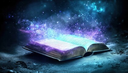 Wall Mural - an open book floats in a cosmic scene, surrounded by vibrant galaxies and sparkling stars, evoking a