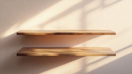 Poster - Minimalist Wooden Shelves with Soft Shadows on Neutral Background for Interior Decor and Display Options