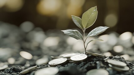 Wall Mural - Sustainable finance and investment concept with a plant sprouting from savings coins