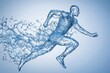 © Mark - On a blue gradient background, a silhouette of a running man filled with blue water represents concepts of sport, fitness hydration, healthy living, or wellness.