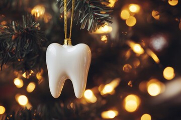 Wall Mural - Hanging on a tree surrounded by festive greenery and twinkling lights, a unique tooth-shaped Christmas ornament offers a perfect background for dental-themed holiday messages.