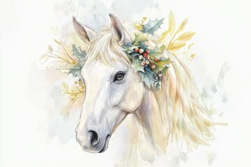 Wall Mural - A white canvas featuring a watercolor portrait of a Christmas horse with a wreath.