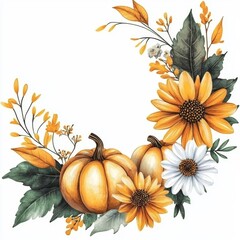 Wall Mural - Fall frame with watercolor white pumpkins, florals, and leaves. Botanical wreath in rustic style, ideal for Thanksgiving cards or invitation templates.