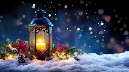 Wall Mural - A beautifully lit lantern surrounded by snow, pinecones, and festive decorations, creating a cozy winter atmosphere.