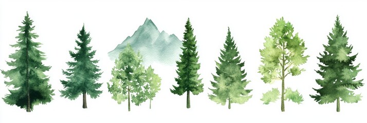 Wall Mural - A set of watercolor forest graphics, highlighting diverse trees and mountains in green colors on white backgrounds.