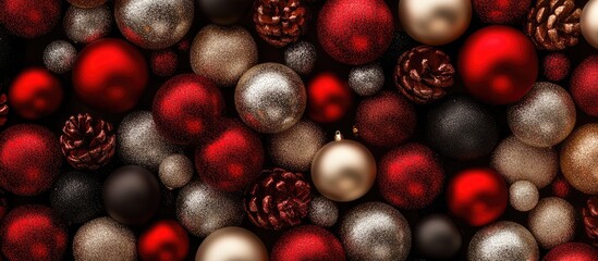 Wall Mural - Colorful Christmas Baubles and Pinecones on a Festive Background for Holiday Decor and Seasonal Celebrations