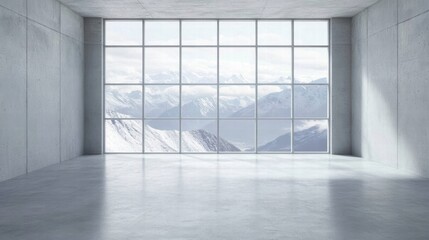 Wall Mural - Modern empty room with large windows showcasing stunning mountain views, ideal for minimalistic design inspiration.