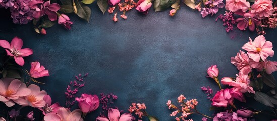 Sticker - Elegant floral background design for Mother's Day with vibrant pink flowers and a textured dark blue backdrop.