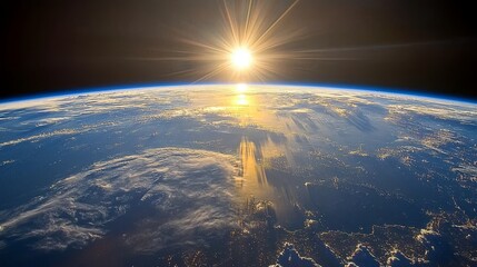 Wall Mural - a panoramic view of earth from space, featuring glowing city lights and light clouds. (stock image)