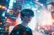 © grey - A young man stands at the center of an abstract cityscape, surrounded by glowing digital screens and holographic images, gazing at the camera with a thoughtful expression.