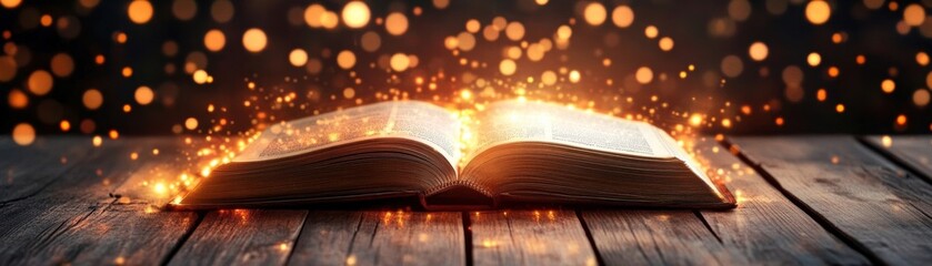 Wall Mural - an open book glowing with magical light, surrounded by blurred bokeh lights, creating a mystical amb