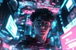 © grey - A young man stands at the center of an abstract cityscape, surrounded by glowing digital screens and holographic images, gazing at the camera with a thoughtful expression.