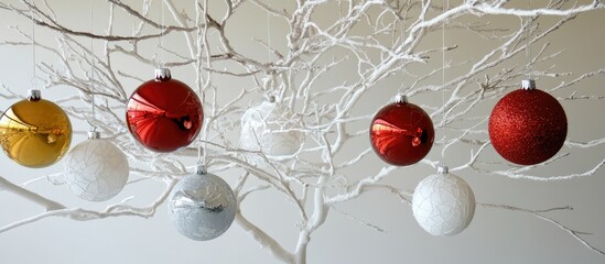 Wall Mural - Colorful Christmas baubles elegantly hanging from white branches creating a festive and cheerful holiday atmosphere