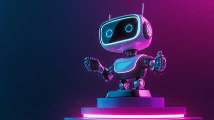 AI technology poster with cute robot character. Robot chatbot, AI in science, business. Projection, a hologram of a modern robot on a podium or pedestal, with neon light. Isolated vector illustration.