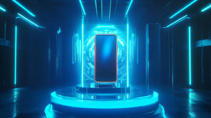 3d mobile phone mockup on podium. Futuristic background with tech stand with neon light and hologram of smartphone. Platforms with blue rays and devices, vector realistic set