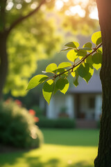 Wall Mural - a tree branch is visible in a sunny garden background with natural elements reflecting morning light