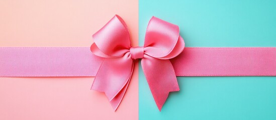 Wall Mural - Elegant pink ribbon bow on vibrant split background showcasing creativity and craftsmanship in gift wrapping and decoration.