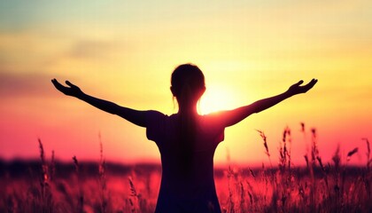 Wall Mural - Silhouette of a girl with outstretched arms against a vibrant sunset, symbolizing freedom and tranquility in nature.