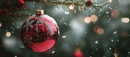 Wall Mural - Christmas tree ornament adorned with snowflakes on a blurred festive background celebrating winter holiday spirit and joy.