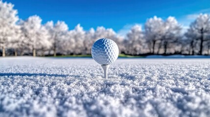 Wall Mural - A golf ball on a tee surrounded by pristine white snow and frosty scenery under a clear blue sky.