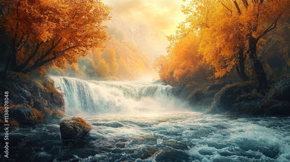 Stunning autumn landscape featuring a stormy river with vibrant foliage ...