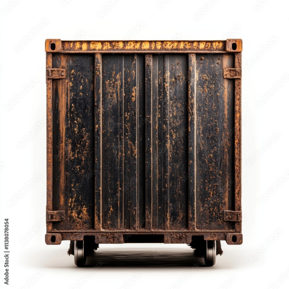 Rusty industrial shipping container on train wheels in urban setting ...
