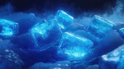 Wall Mural - illuminated ice cubes on a frosty surface with blue lighting creating a cool and refreshing backgrou