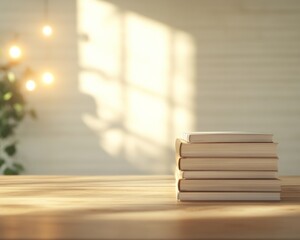 Poster - Serene Library Corner with Glowing Light and Stacked Books