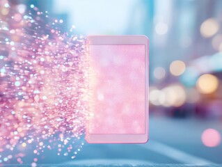 Leinwandbilder - Futuristic Pastel Gradient Tablet with Digital Light Trails in Abstract Urban Background