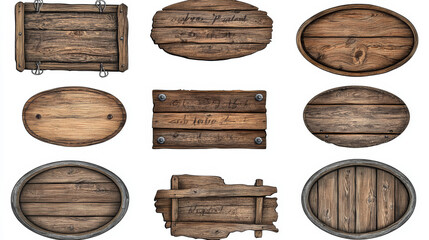 Wall Mural - wood texture game sign board vector realistic banner set. isolated rustic farm ui icon interface des