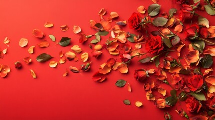 Wall Mural - Flying petals and red roses on a red background with copy space. Creative floral levitation in the air nature layout, with copy space