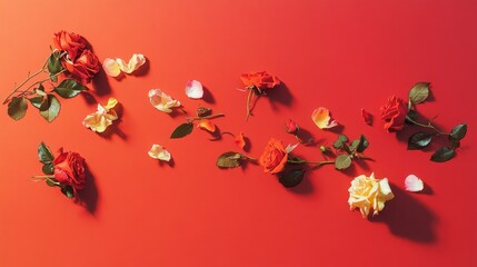 Wall Mural - Flying petals and red roses on a red background with copy space. Creative floral levitation in the air nature layout, with copy space