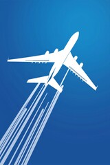 Wall Mural - A sleek white airplane outlined against a vivid blue sky, with soft blue contrails trailing behind. 