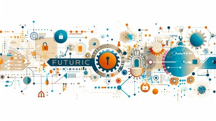 intricate, vibrant technology network with locks.