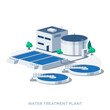 © petovarga - Waste water treatment plant with two circular filter tanks and reservoir storage. Wastewater filtration purification system facility. Environment ecology industry. Isolated vector illustration icon