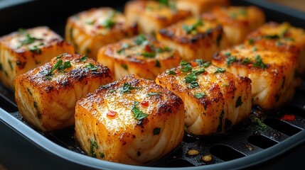 Wall Mural - Deliciously grilled salmon portions garnished with herbs and spices on a cooking tray ready to be served at a summer gathering in a backyard