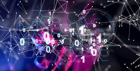 Poster - Neural network 3D illustration. Big data and cybersecurity