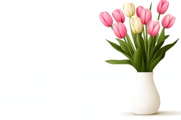 Aufkleber - A flat design of a tulip bouquet in a simple vase, illustrated in bright, clean lines against a crisp white backdrop