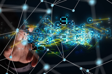 Poster - Neural network 3D illustration. Big data and cybersecurity